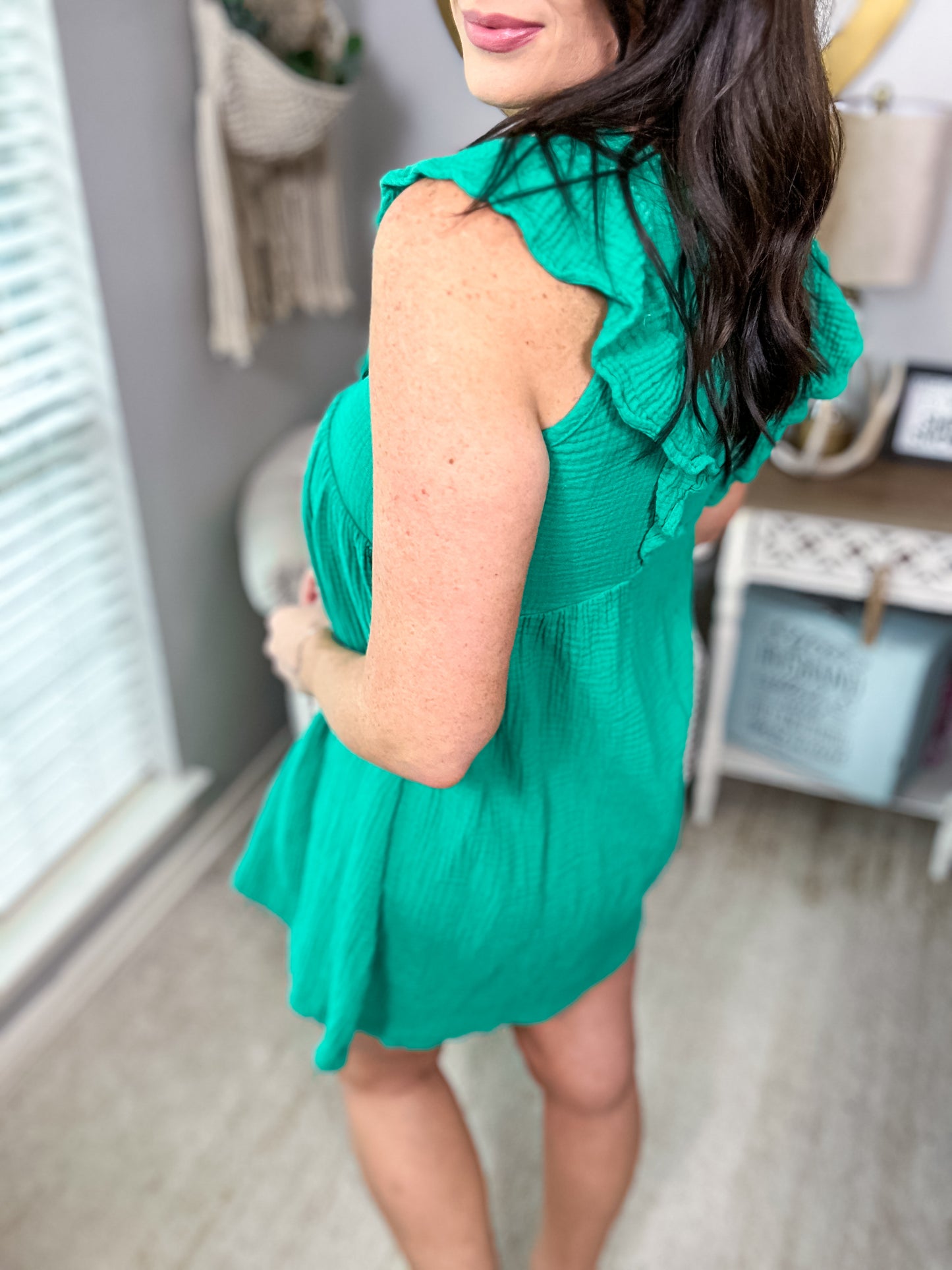 Green Ruffle Shoulder Mini Dress - Size Small