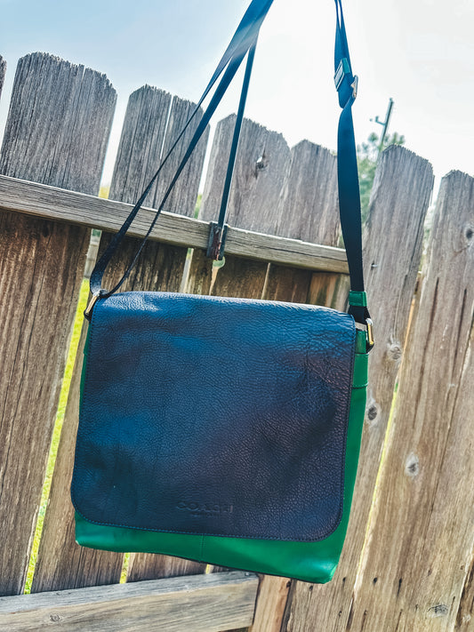 Vintage Coach Black And Green Leather Messenger Crossbody Shoulder Bag