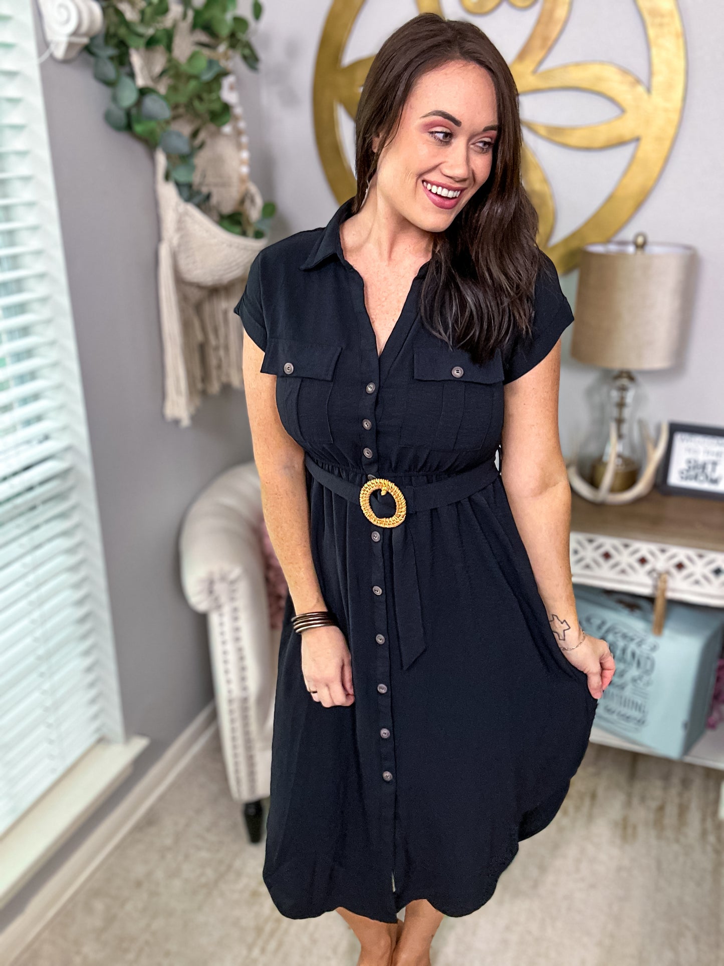 Black Button Down Midi Dress with Belt - Size Small