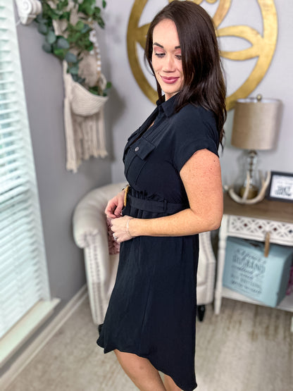 Black Button Down Midi Dress with Belt - Size Small