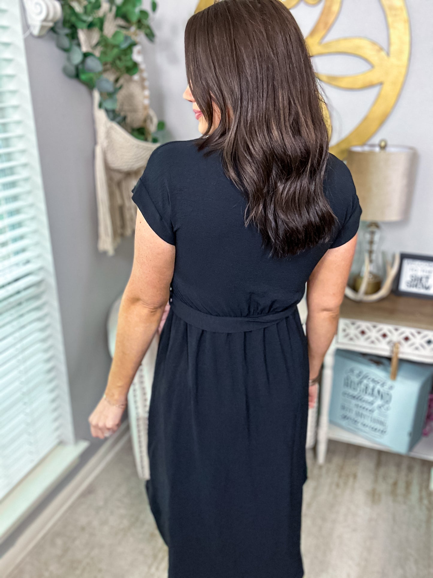 Black Button Down Midi Dress with Belt - Size Small