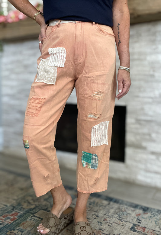 Peach Patchwork Cropped Pants - Sizes Small and Medium NWT