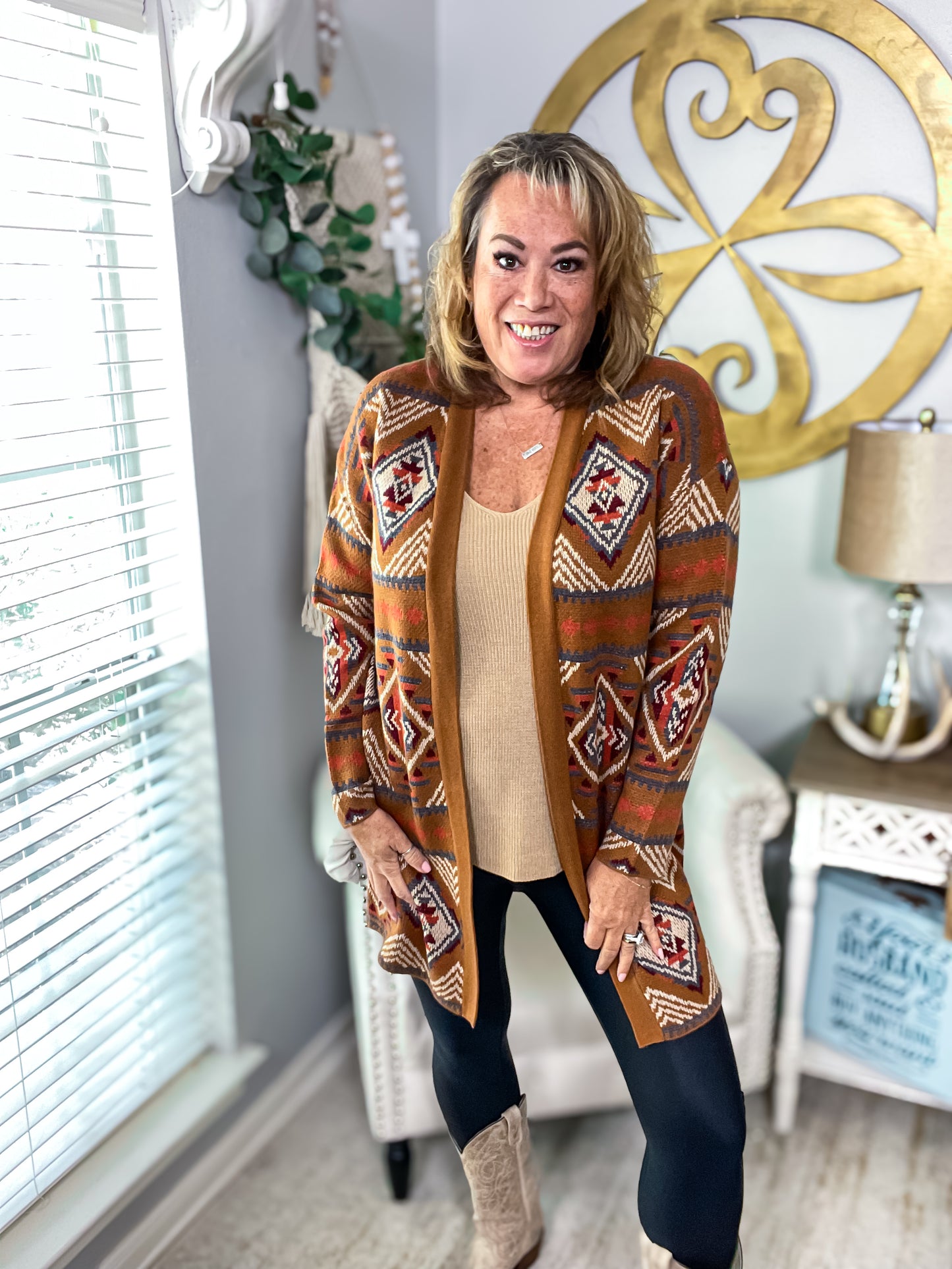 Brown Aztec Geometric Knit Open Front Cardigan - Size Med