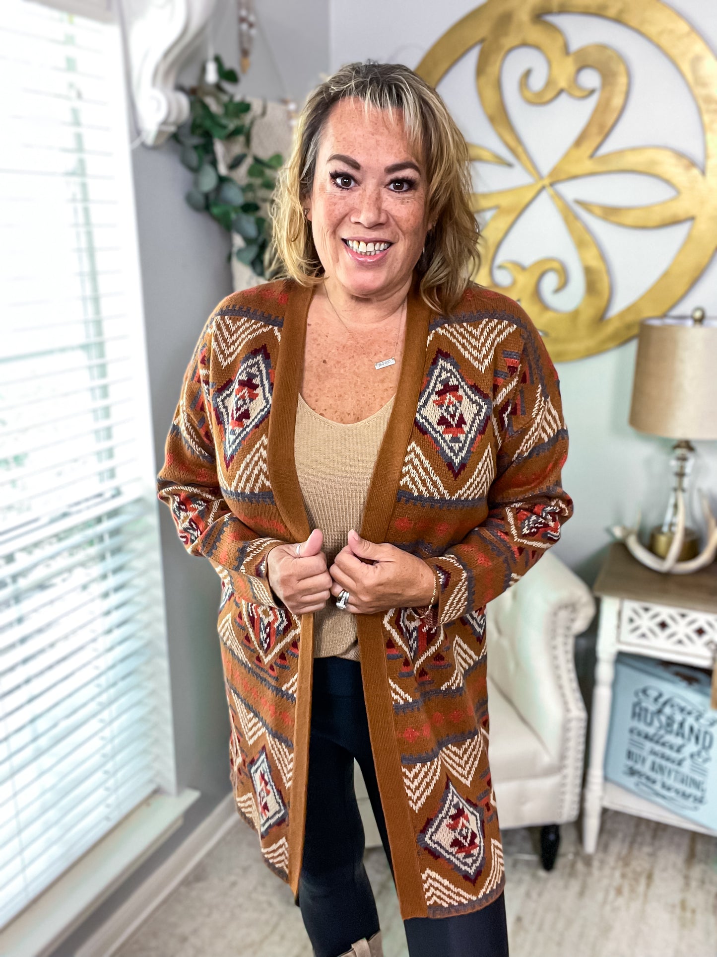 Brown Aztec Geometric Knit Open Front Cardigan - Size Med