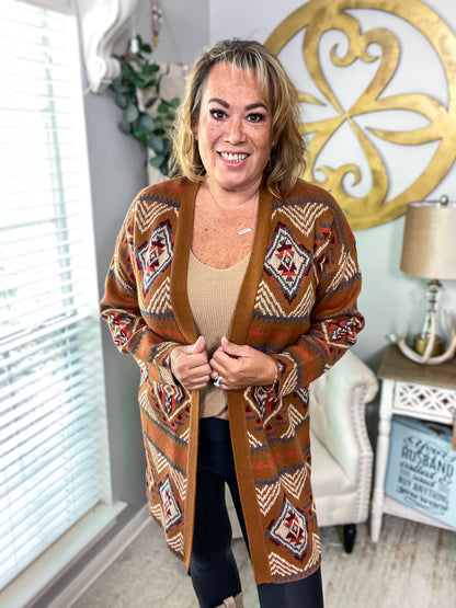 Brown Aztec Geometric Knit Open Front Cardigan - Size Med