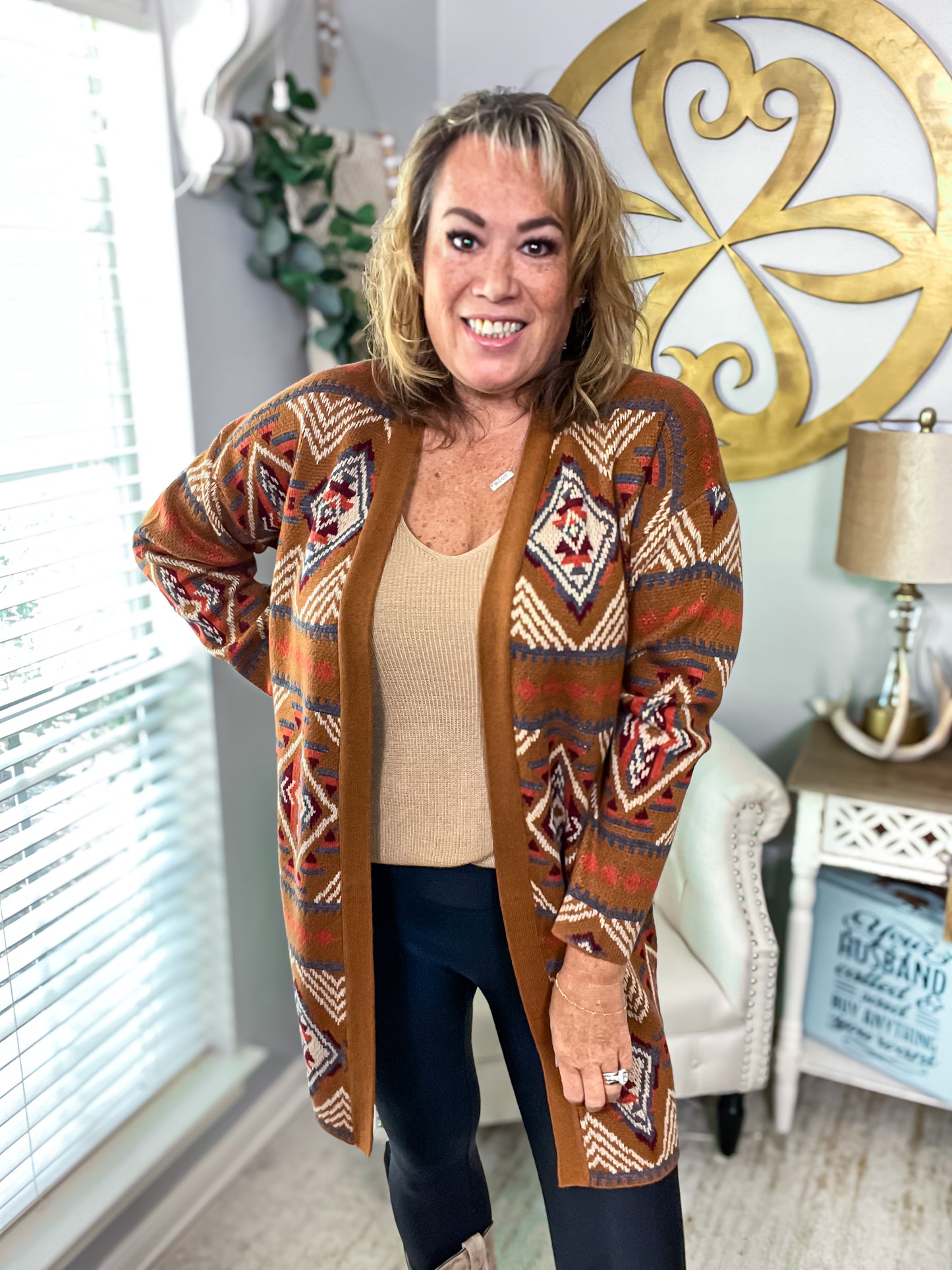 Brown Aztec Geometric Knit Open Front Cardigan - Size Med