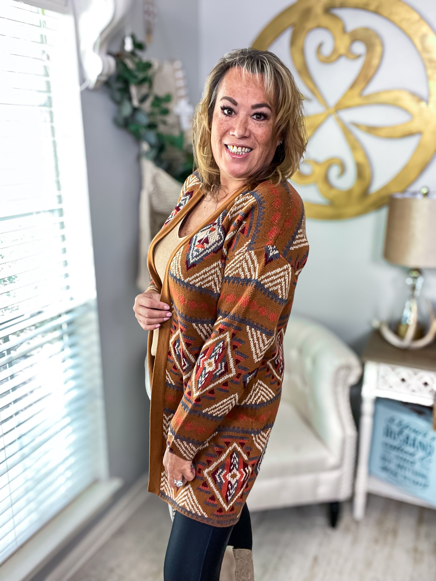 Brown Aztec Geometric Knit Open Front Cardigan - Size Med