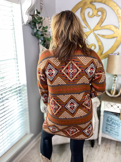 Brown Aztec Geometric Knit Open Front Cardigan - Size Med