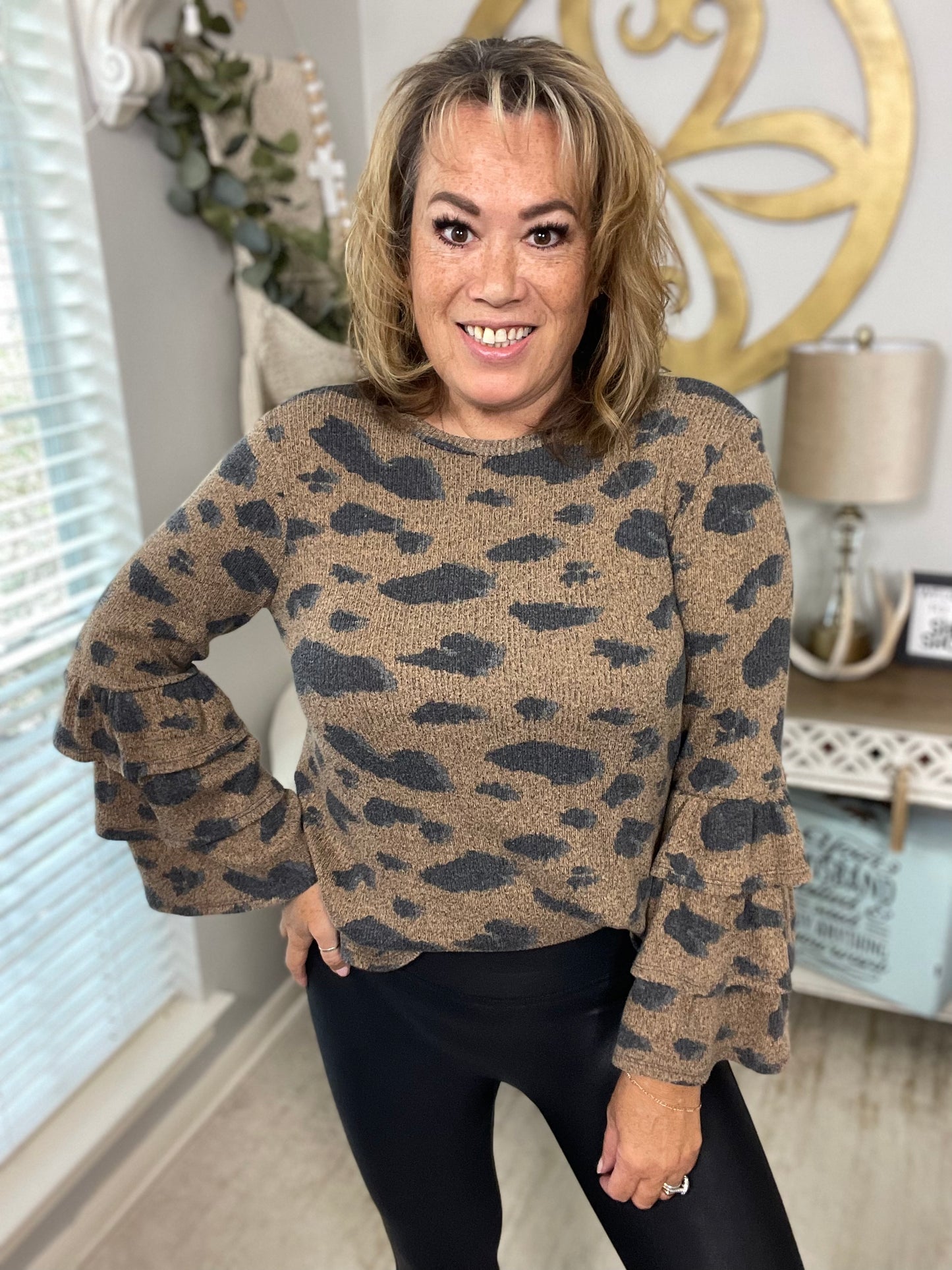 Leopard Print Ruffle Sleeve Sweater - Size Large