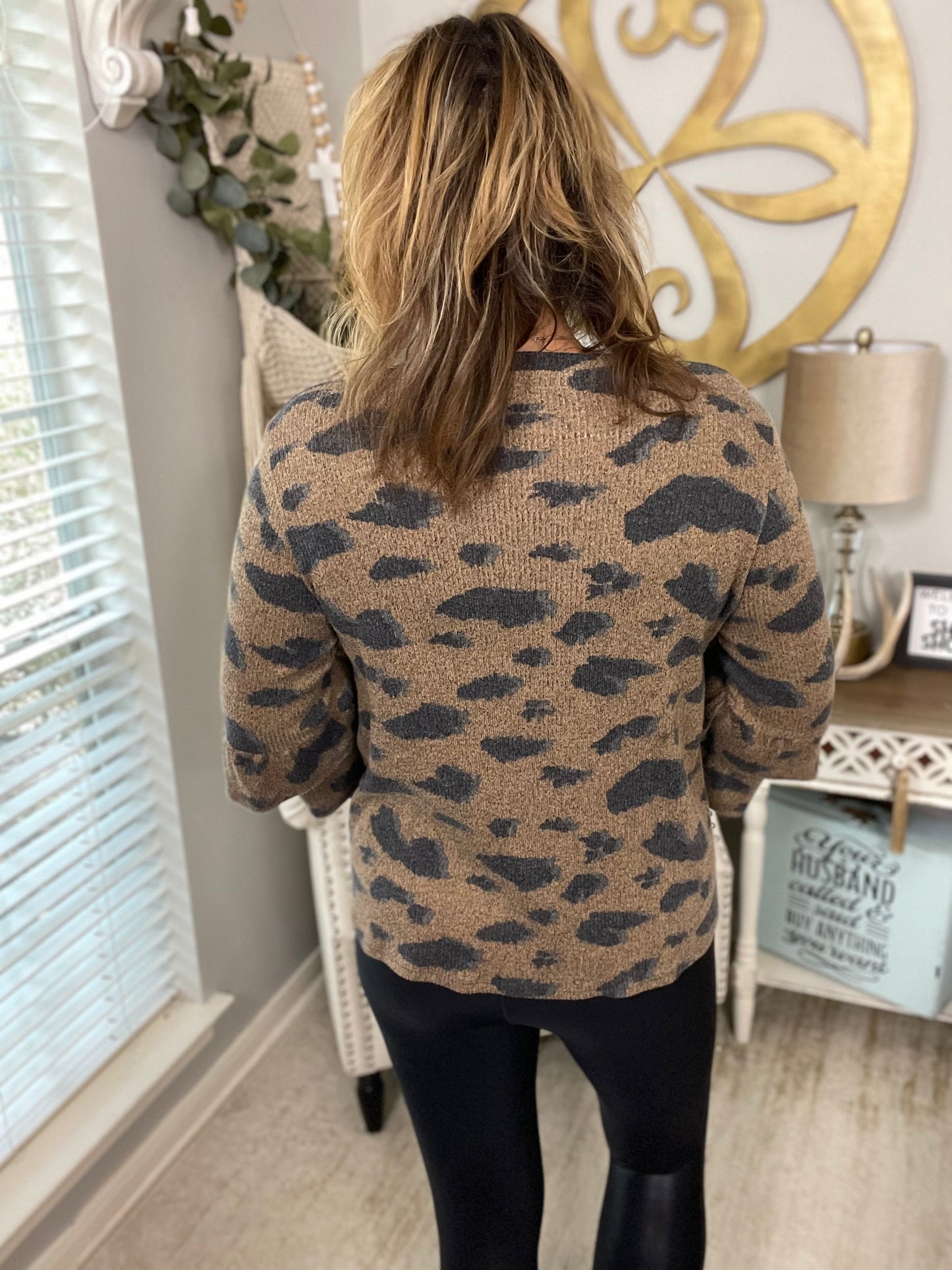 Leopard Print Ruffle Sleeve Sweater - Size Large