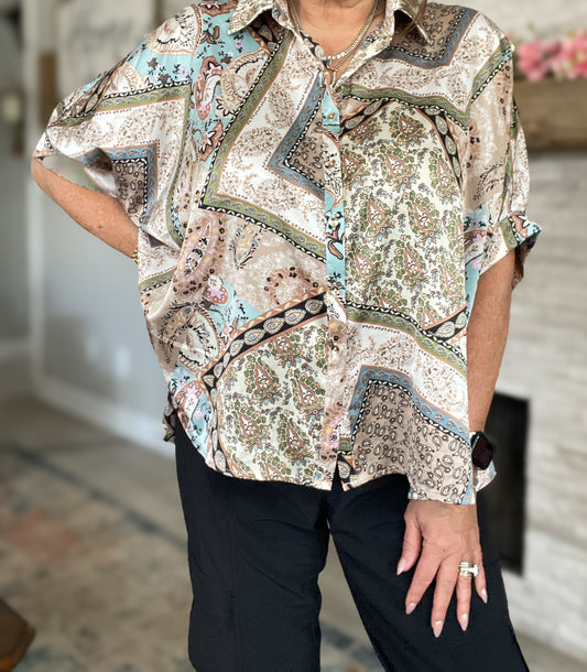 Boho Patchwork Satin Button-Up - Size Small