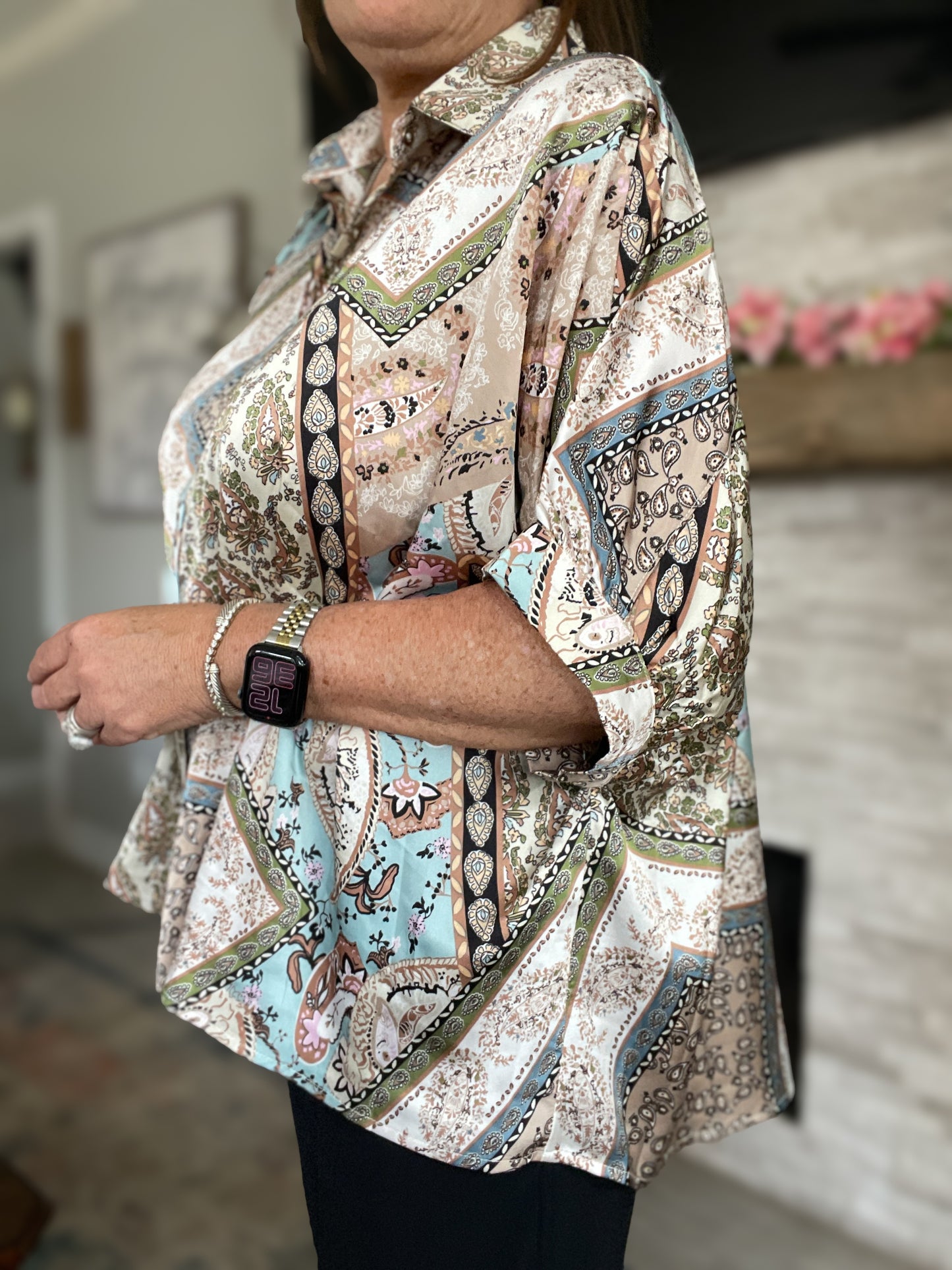 Boho Patchwork Satin Button-Up - Size Small