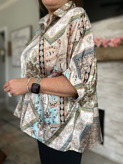 Boho Patchwork Satin Button-Up - Size Small