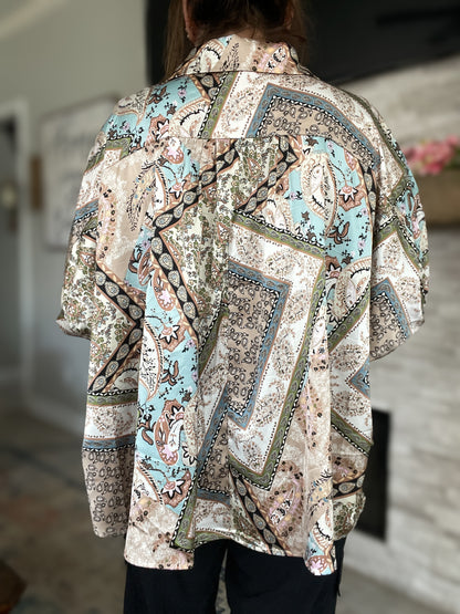 Boho Patchwork Satin Button-Up - Size Small