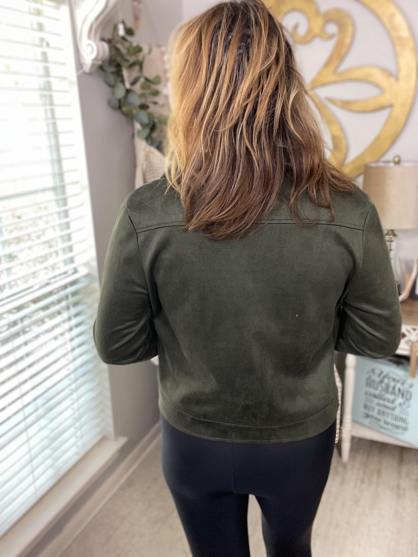 Faux Suede Moto Jacket in Olive - Size Med