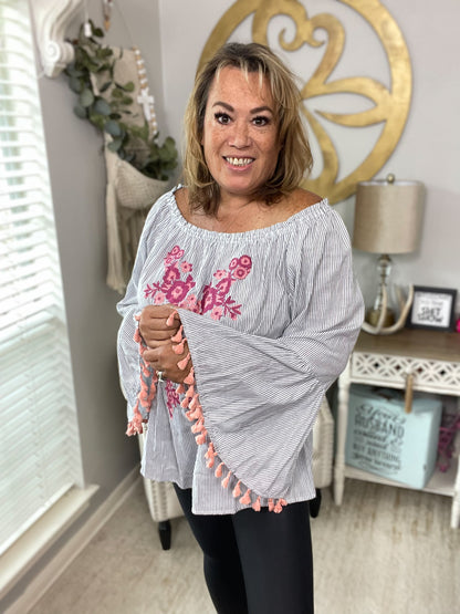 Grey & White Stripe Embroidered Blouse - Size 2X