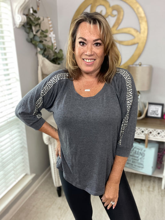 Grey Studded Sleeve Top - Size Large