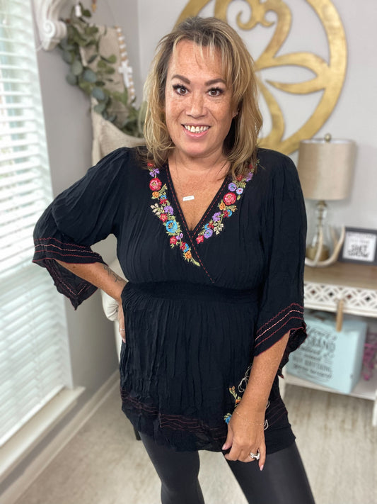 Embroidered V-Neck Blouse - Size Large