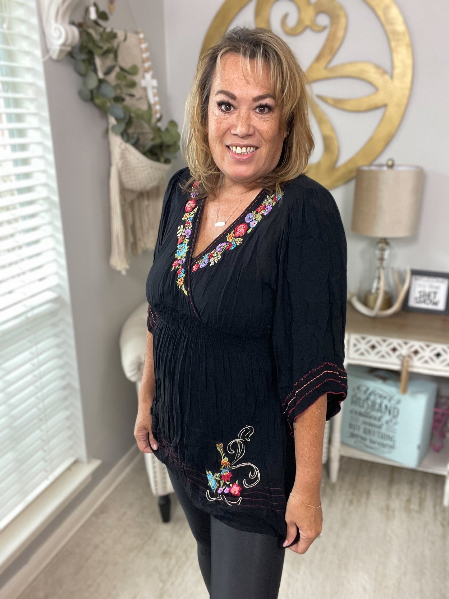 Embroidered V-Neck Blouse - Size Large