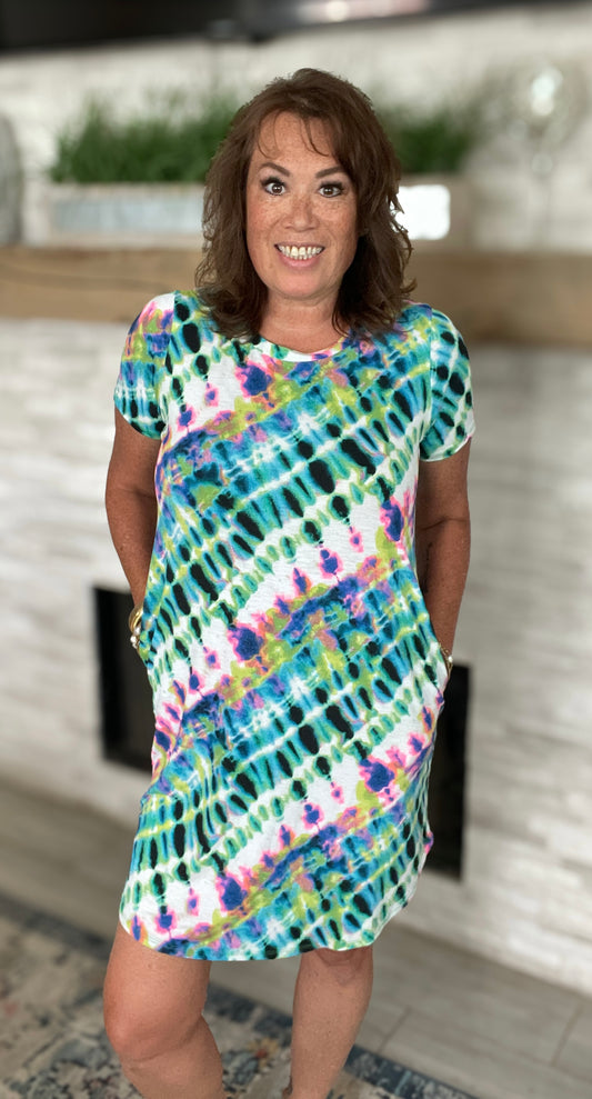 Blue/Green Neon Printed Dress - Medium