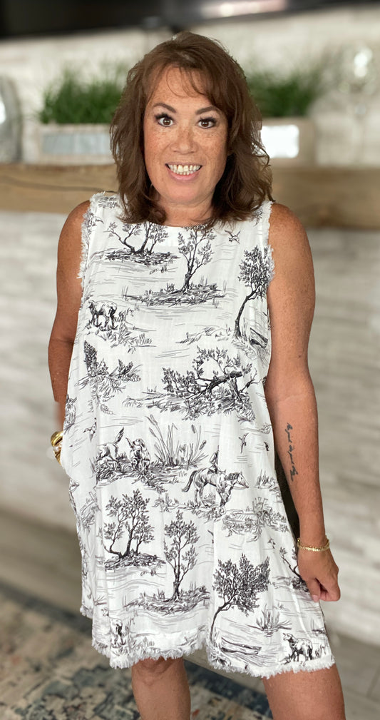 Toile Print Sleeveless Mini Dress in Black and White NWT - Size Med