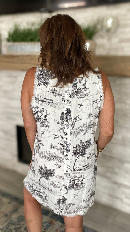 Toile Print Sleeveless Mini Dress in Black and White NWT - Size Med