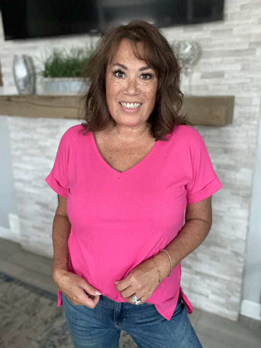 Pink V-Neck Ribbed Top - Size Med