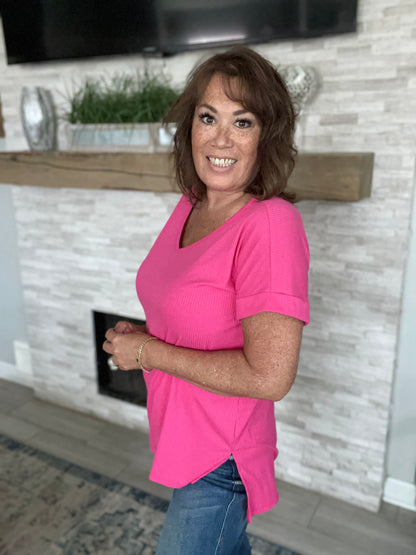 Pink V-Neck Ribbed Top - Size Med