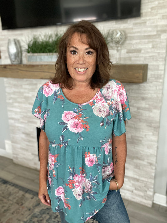 Teal Floral Babydoll Top - Size Med