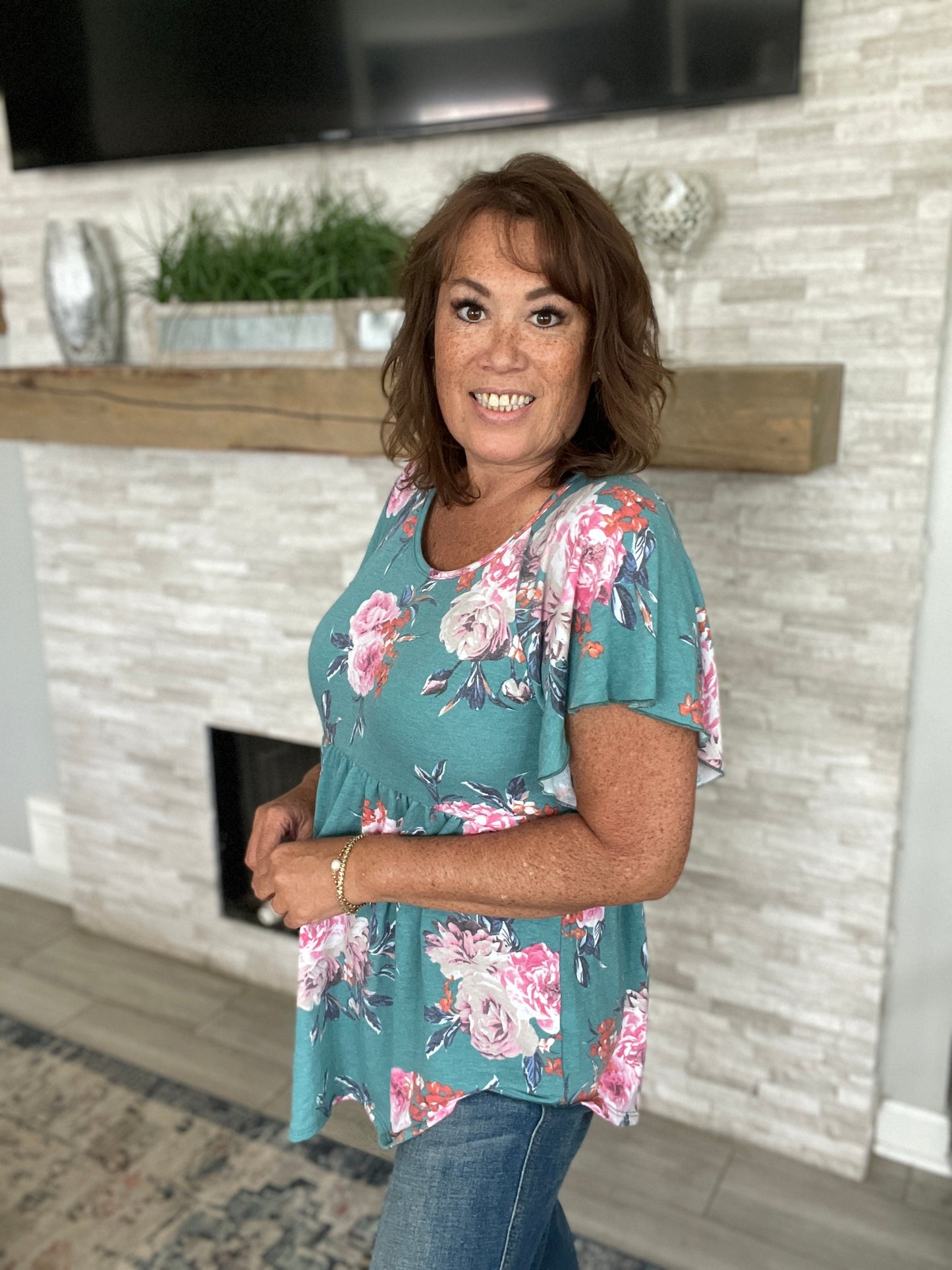 Teal Floral Babydoll Top - Size Med