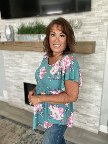 Teal Floral Babydoll Top - Size Med