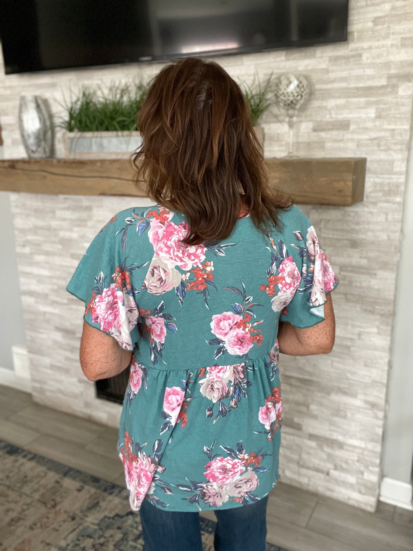 Teal Floral Babydoll Top - Size Med