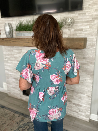 Teal Floral Babydoll Top - Size Med