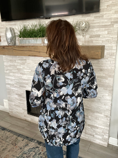 Blue/Black Floral Babydoll Top - Medium