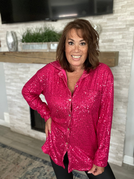 Attention Seeker Sequin Button Up Top Hot Pink NWT - Size Med