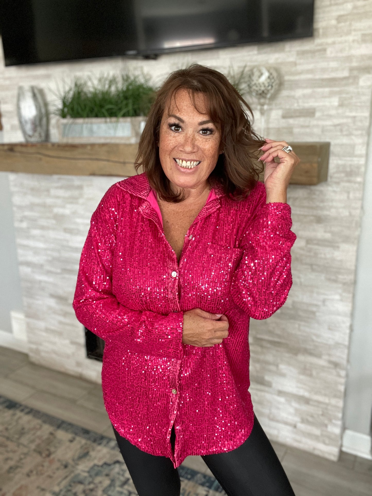 Attention Seeker Sequin Button Up Top Hot Pink NWT - Size Med