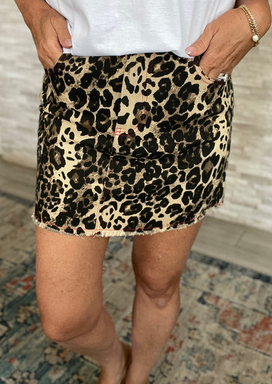 Washed Leopard Denim Mini Skirt - Size Small