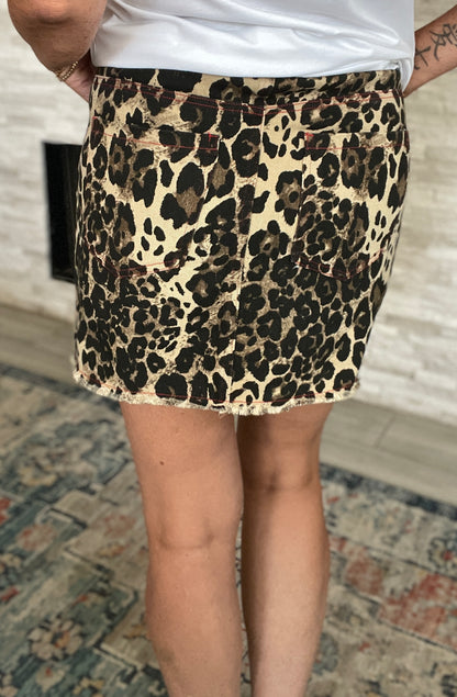 Washed Leopard Denim Mini Skirt - Size Small