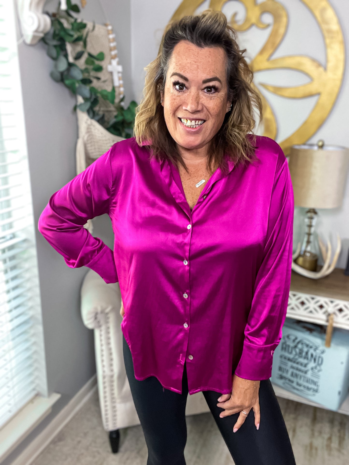 Fuchsia Satin Button Up Top - Size Med