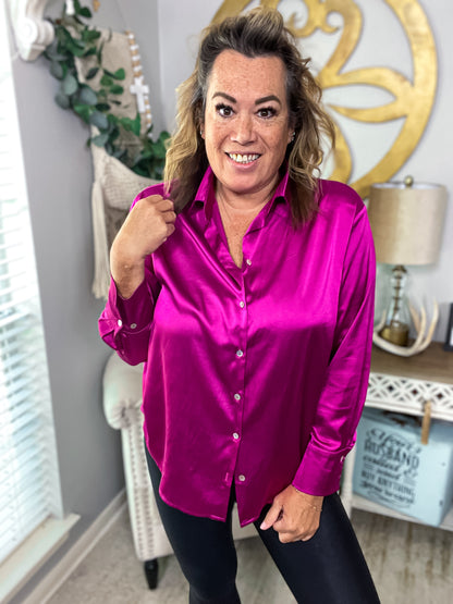 Fuchsia Satin Button Up Top - Size Med