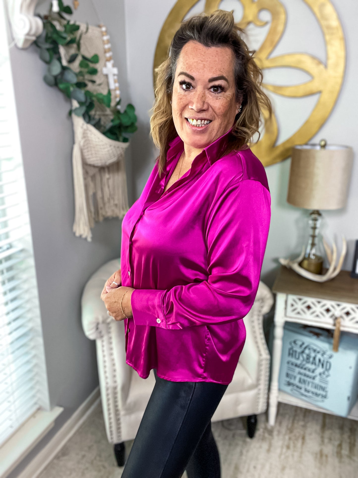 Fuchsia Satin Button Up Top - Size Med