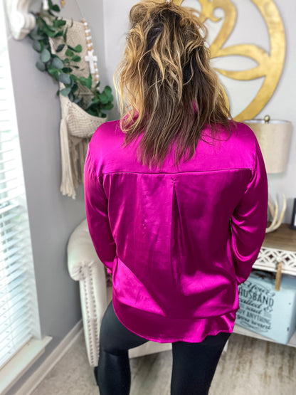 Fuchsia Satin Button Up Top - Size Med