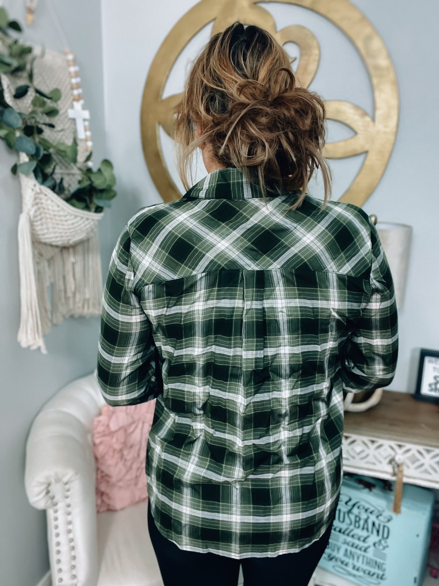 Green and Cream Plaid Button Down Top NWT - Size Large