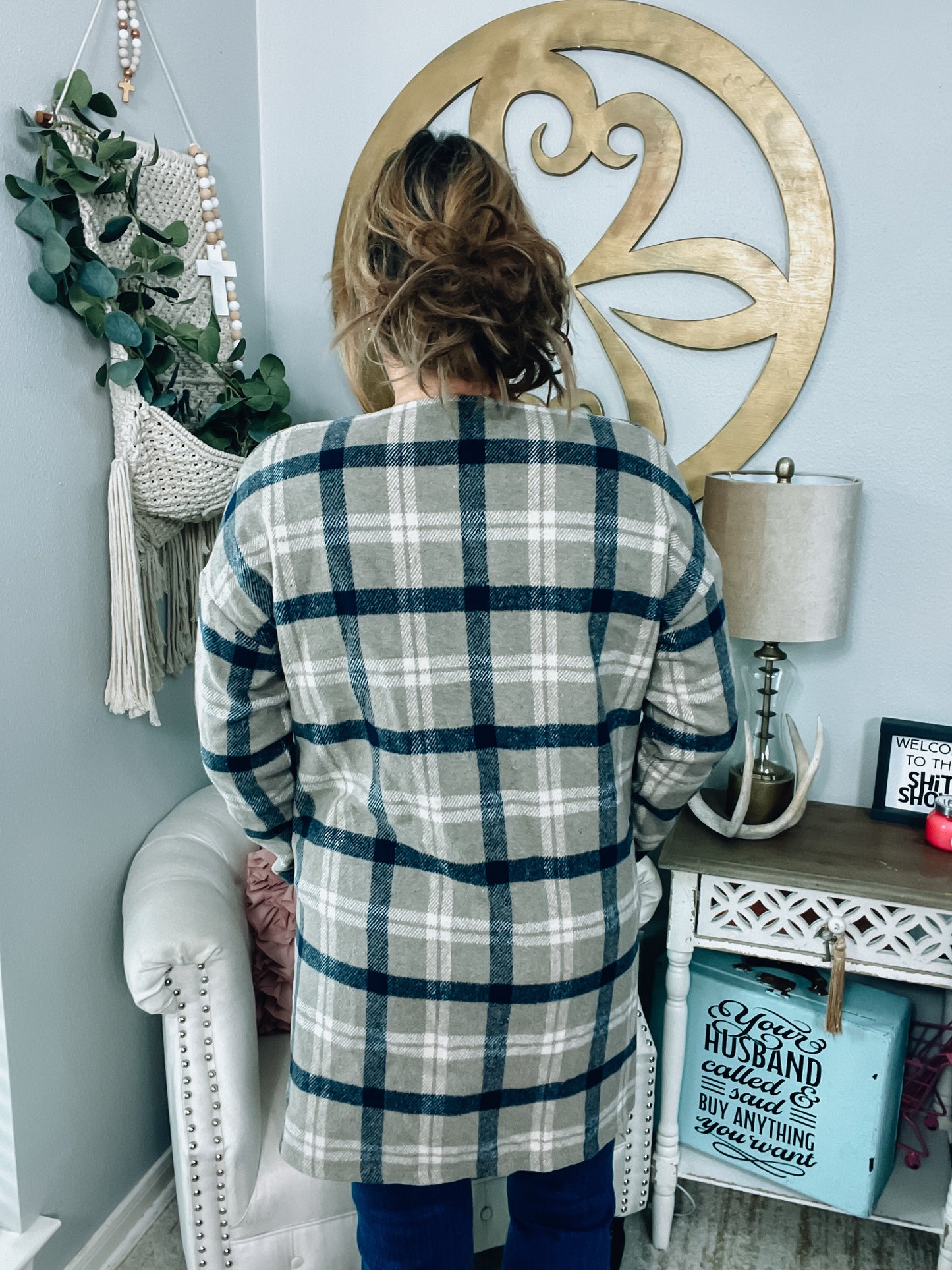 Navy and Taupe Plaid Jacket - Size Large