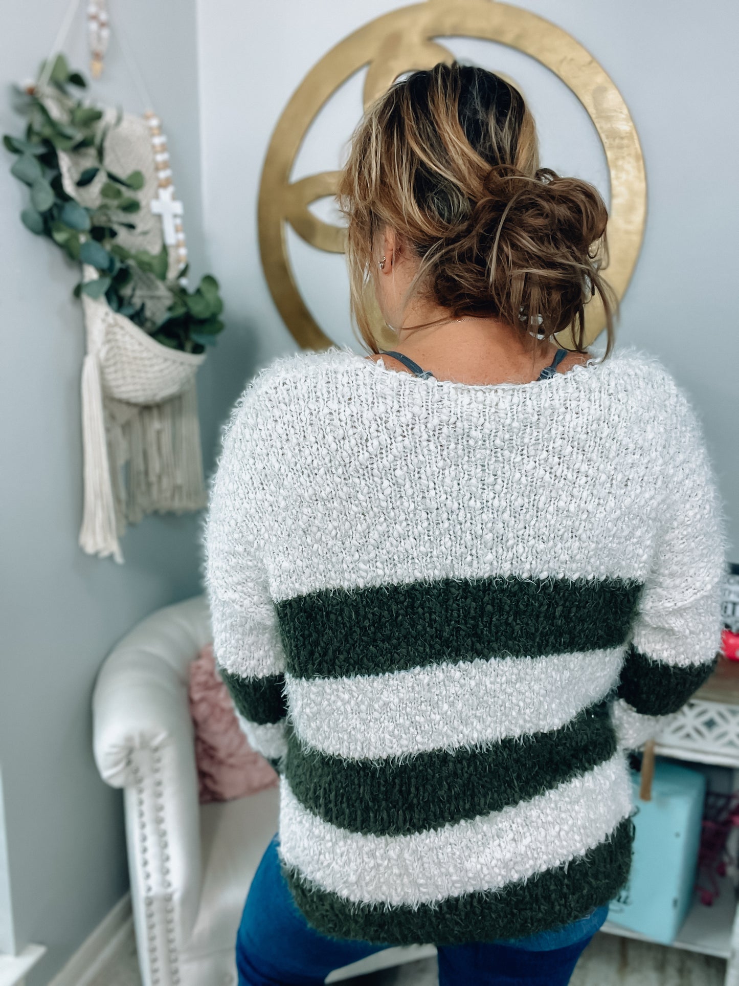 Olive & White Striped Mohair Sweater - Size S/M