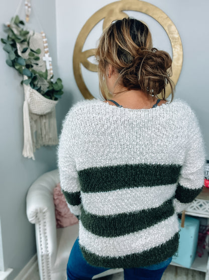 Olive & White Striped Mohair Sweater - Size S/M