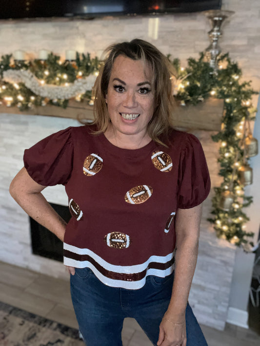 Maroon Sequin Football Top - Size Medium