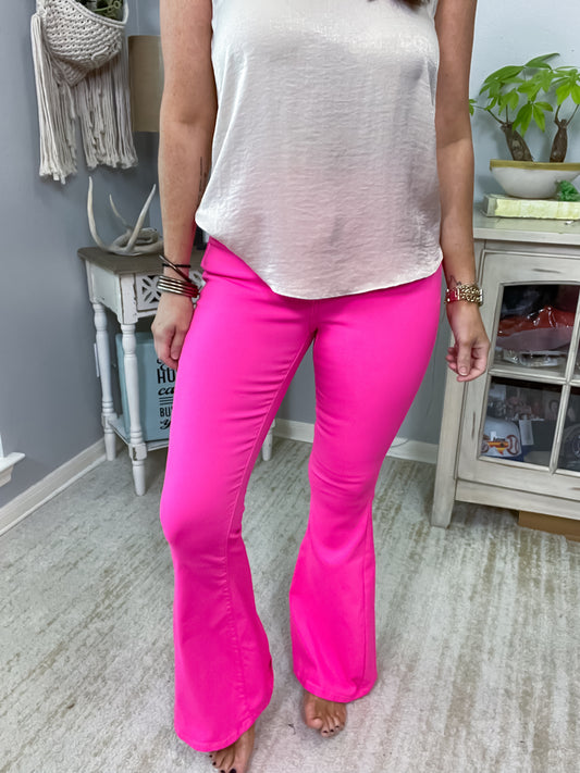 Neon Pink Super Stretch Bell Bottoms Jeans - Size Large