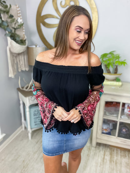 Black Off The Shoulder Top With Sheer Sleeves - Size Small