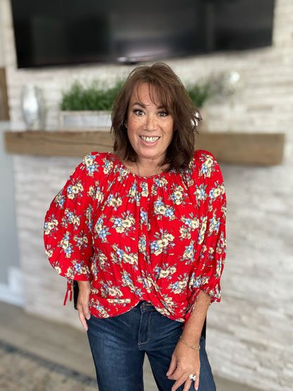 Red Floral Boho Blouse - Size Large